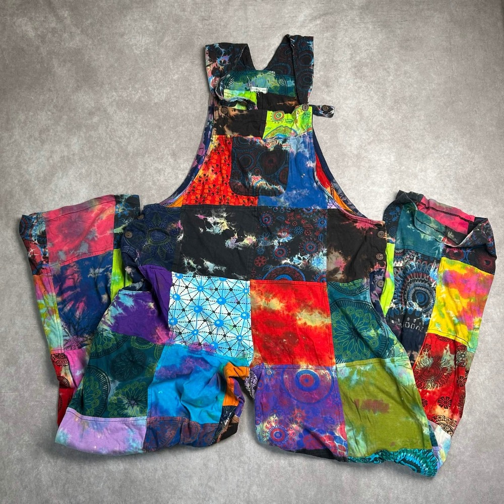 Earthbound Patchwork Tie Dye Overalls XXL Multicolor Boho Wide Leg Nepal Cotton